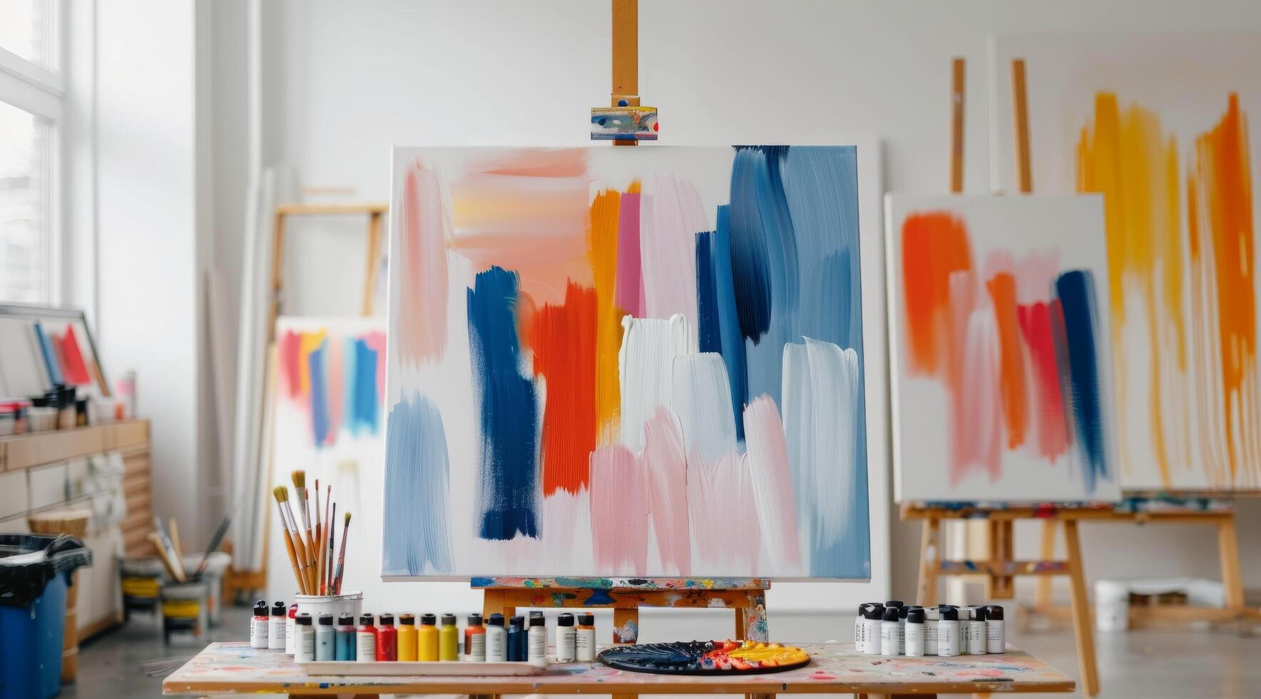Colorful Abstract Painting in Bright Art Studio During Daylight photo