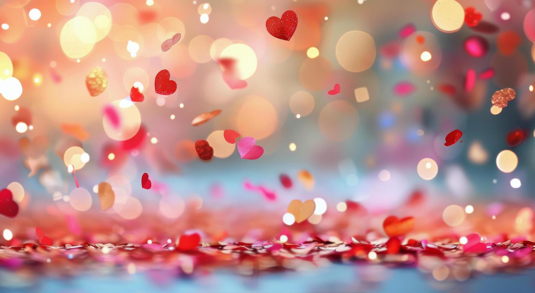 Heart-Shaped Confetti Falling on a Glittering Surface During a Celebratory Event photo