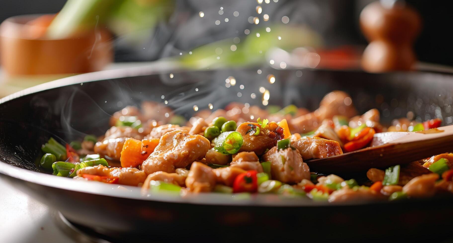 Stir-Frying Chicken With Green Onions in a Wok on a Modern Kitchen Stove photo