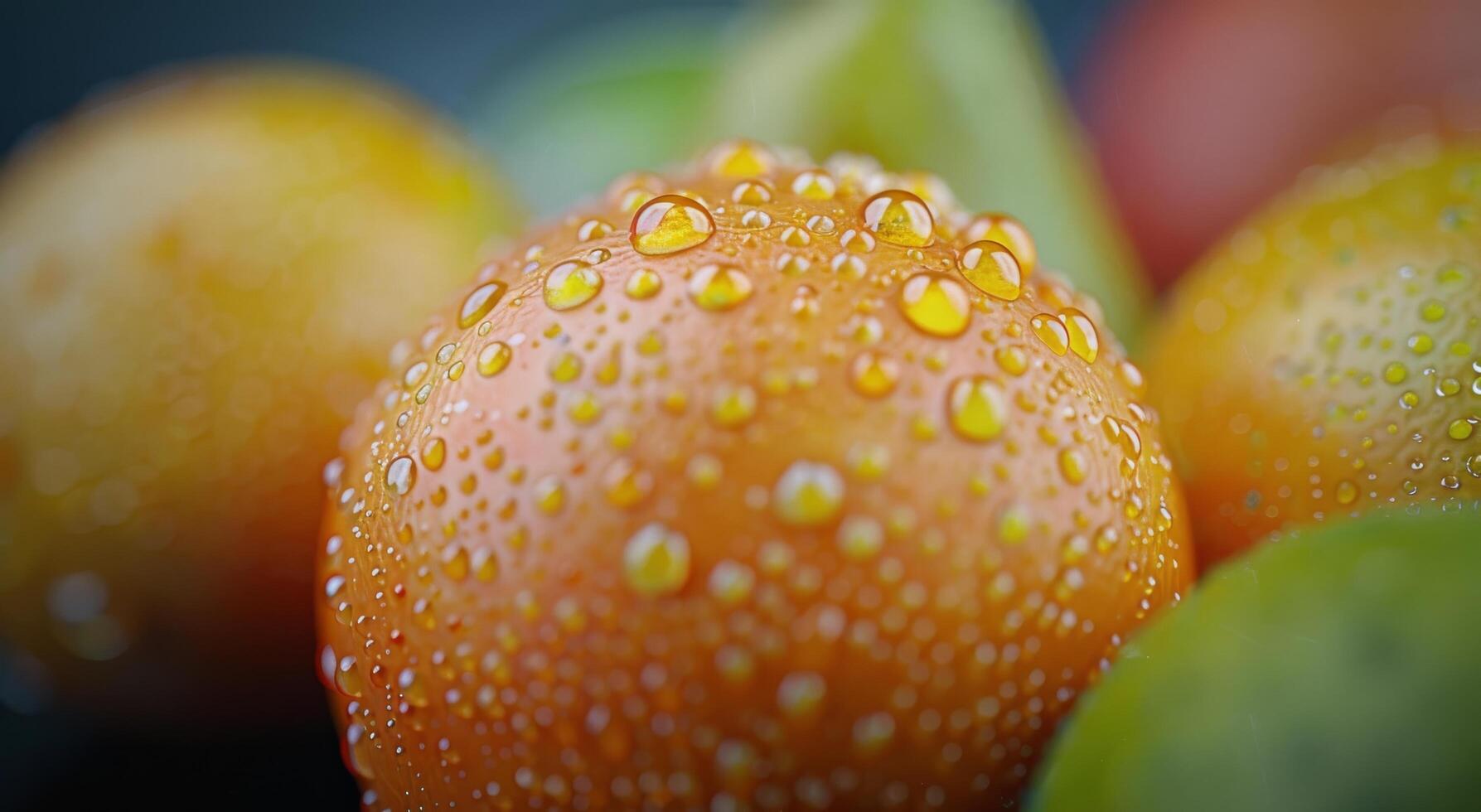 Fresh Mandarins With Water Droplets And Green Leaves On A Dark Surface photo
