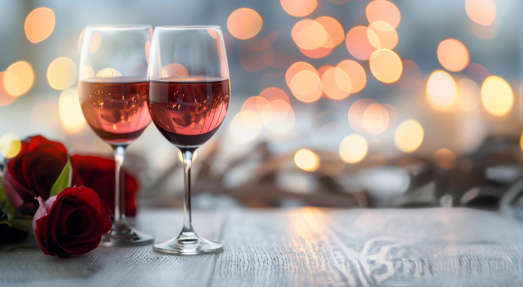 Romantic Evening With Red Wine and Roses on Rustic Wooden Table photo