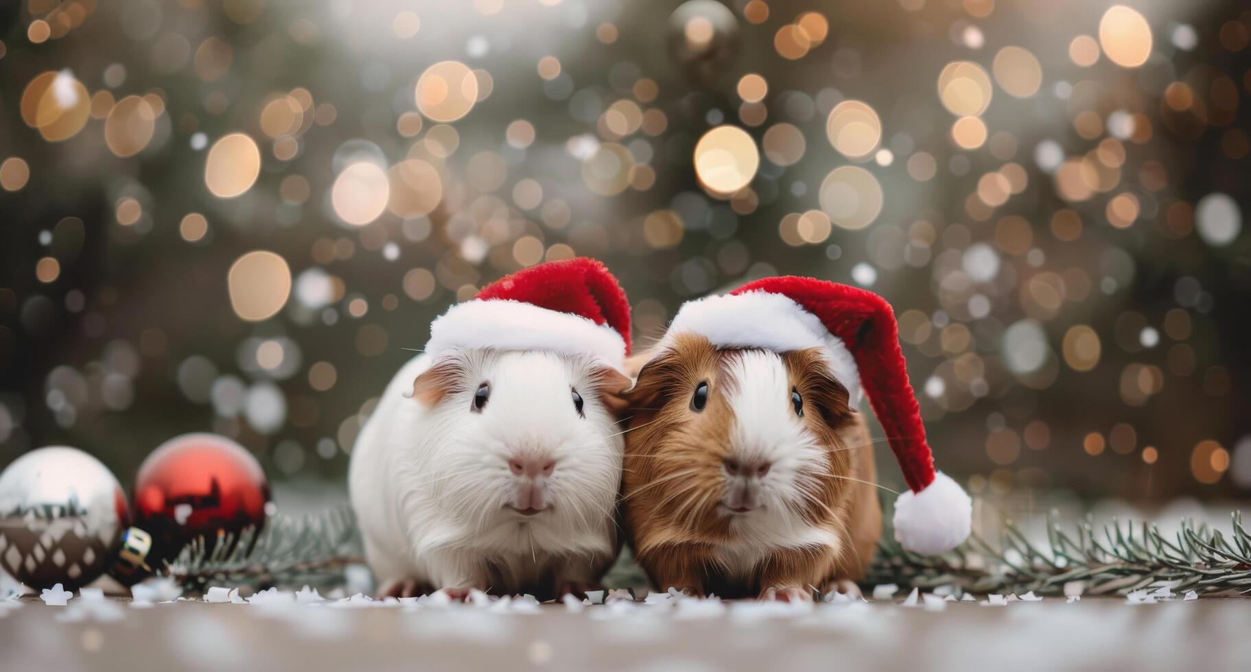 Adorable Guinea Pigs in Santa Hats Surrounded by Glittering Holiday Lights photo