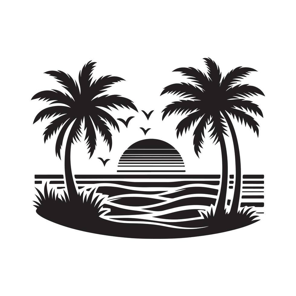 tropical palm trees and sunset on the beach illustration vector