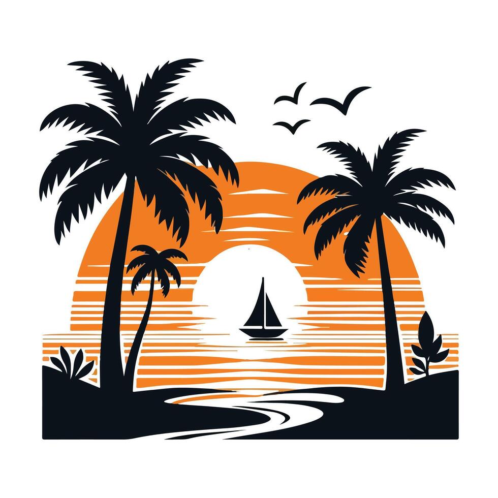 palm trees and a sailboat on the beach at sunset vector