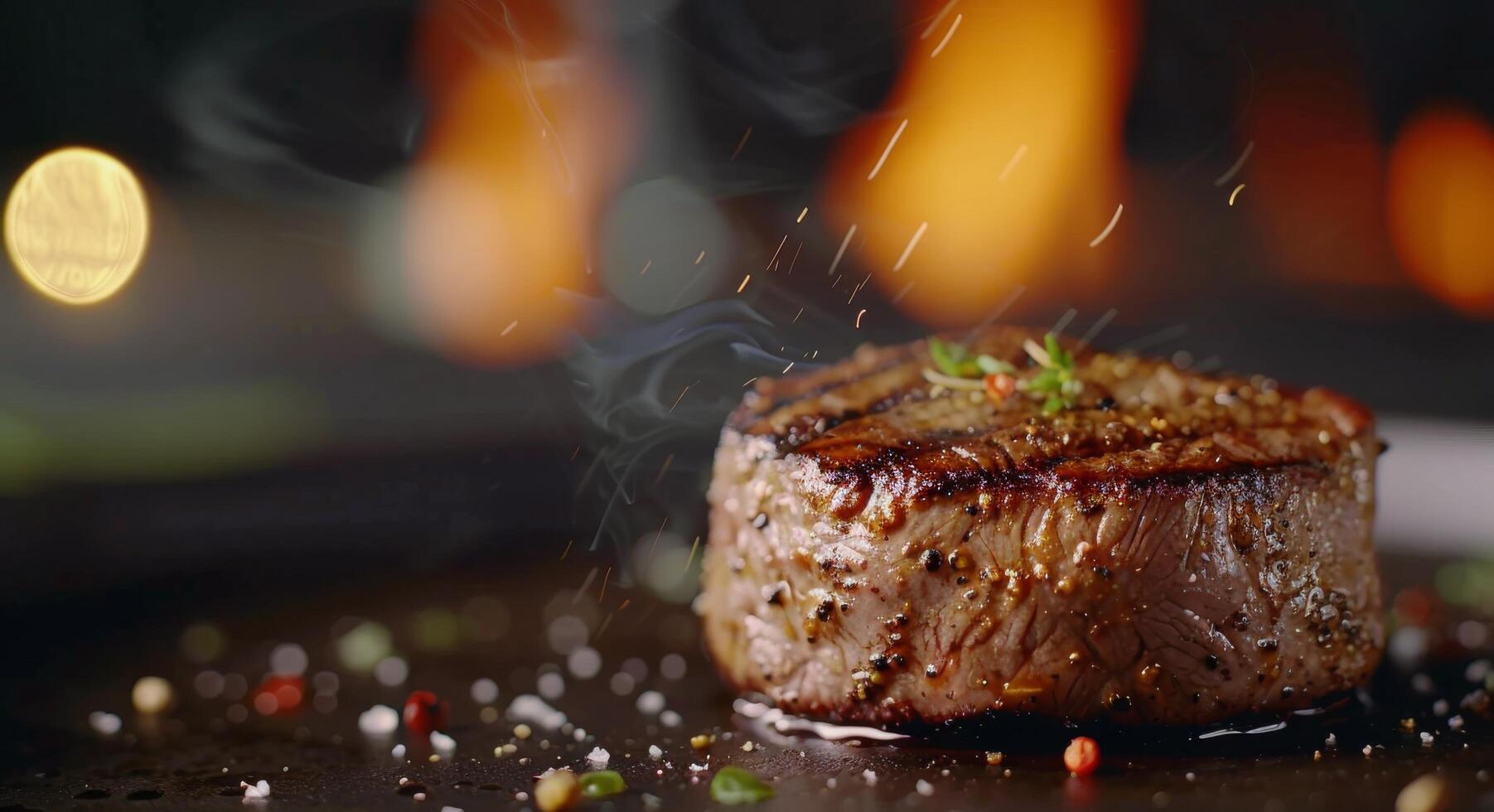 Grilled Steak on a Plate With Herb Garnish Near an Open Flame at Dusk photo