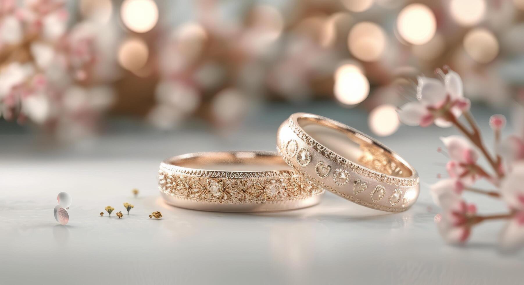 Elegant Wedding Rings With Floral Accents Against a Soft Background photo