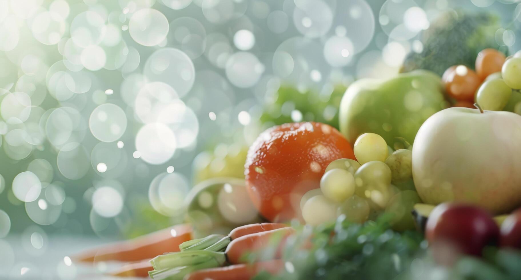 Fresh Variety of Fruits and Vegetables on Display With Soft Background Lights photo