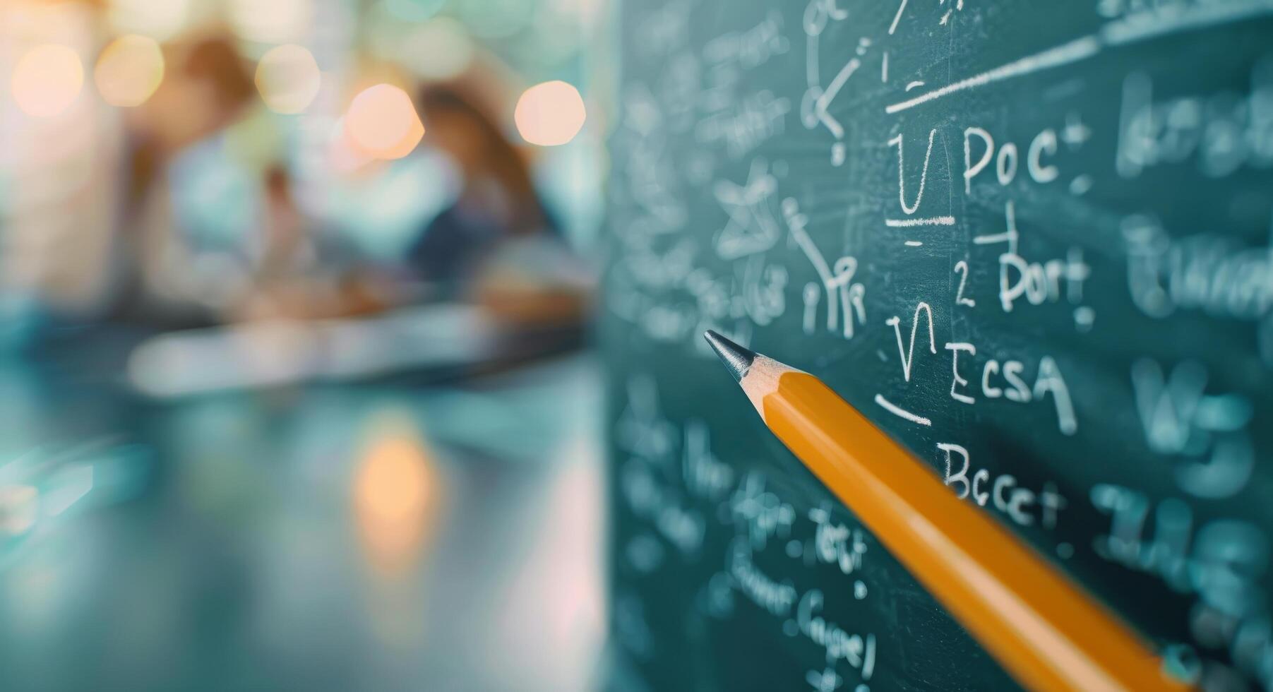 School Classroom Setting With Focus on Writing on Chalkboard photo