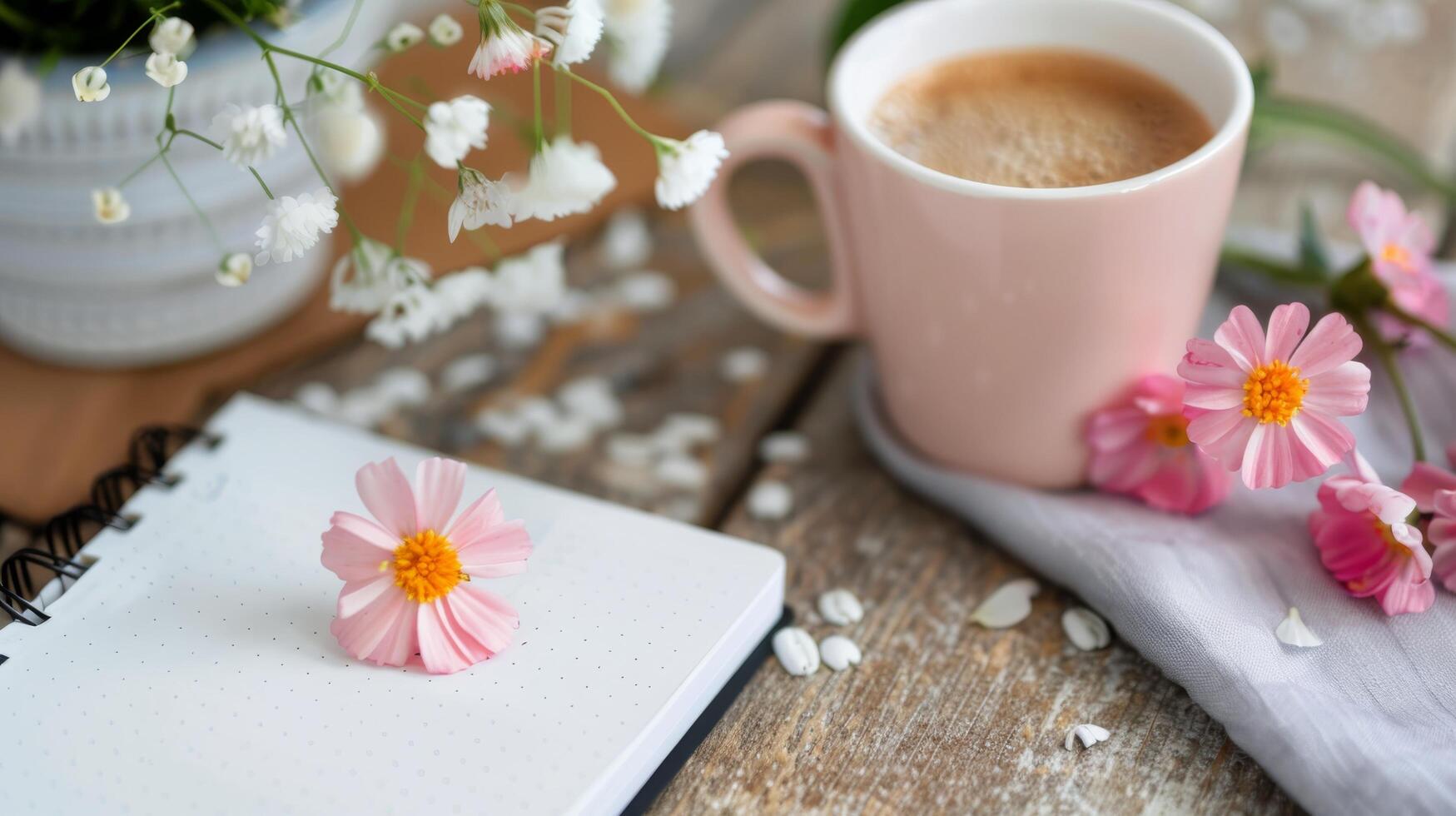 Cozy Morning Coffee With Flowers and Notebook on Wooden Table photo