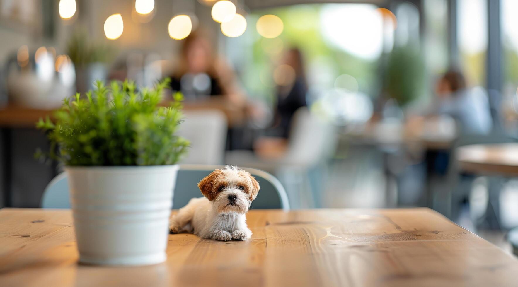 Small Potted Plant on Wooden Table in Cozy Cafe During Daytime photo