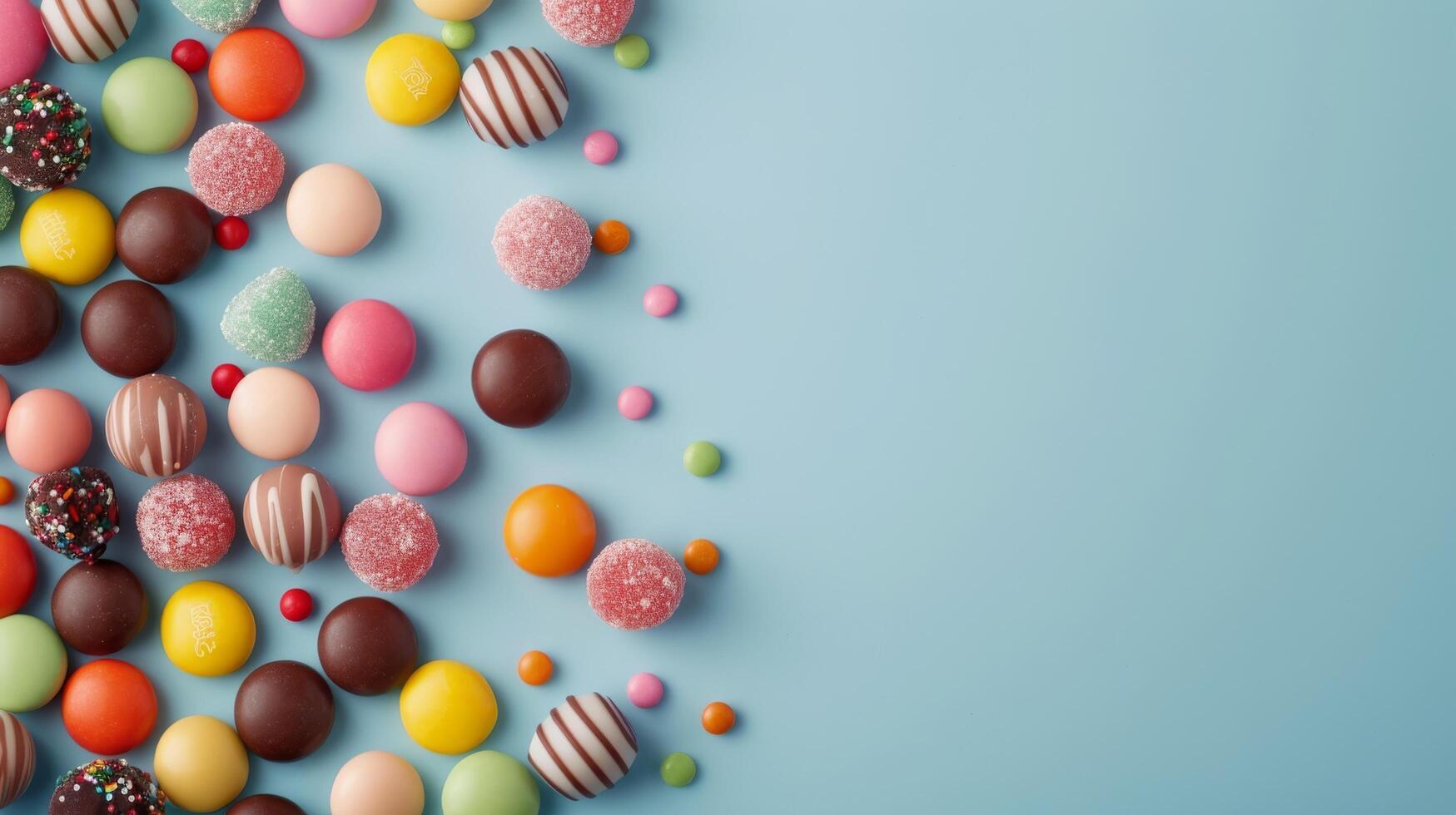 Colorful Candy Display on Light Blue Background With Various Shapes and Textures photo