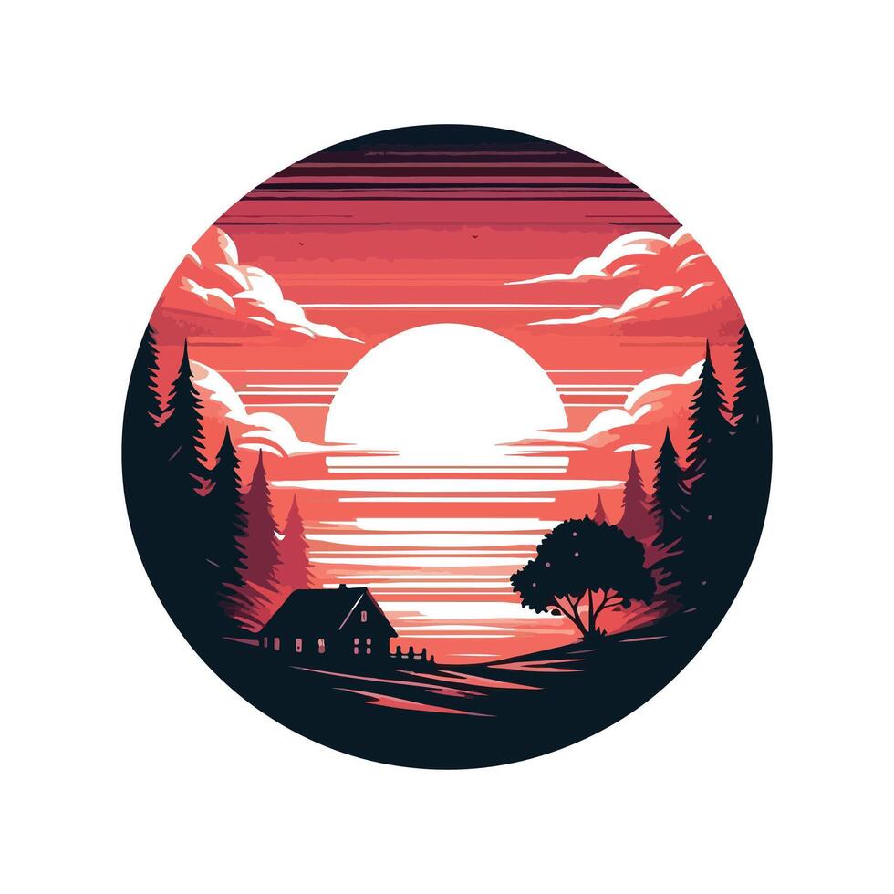 a sunset with a house in the forest vector