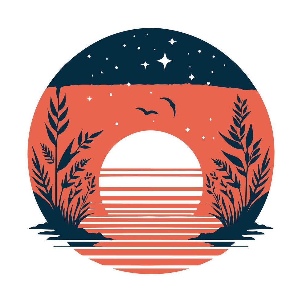 a sunset over the water with birds and grass vector
