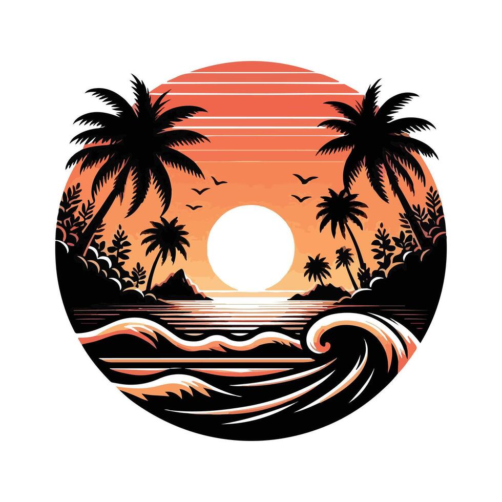 a sunset with palm trees and waves vector
