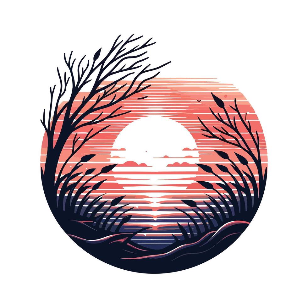 a sunset with trees and water vector