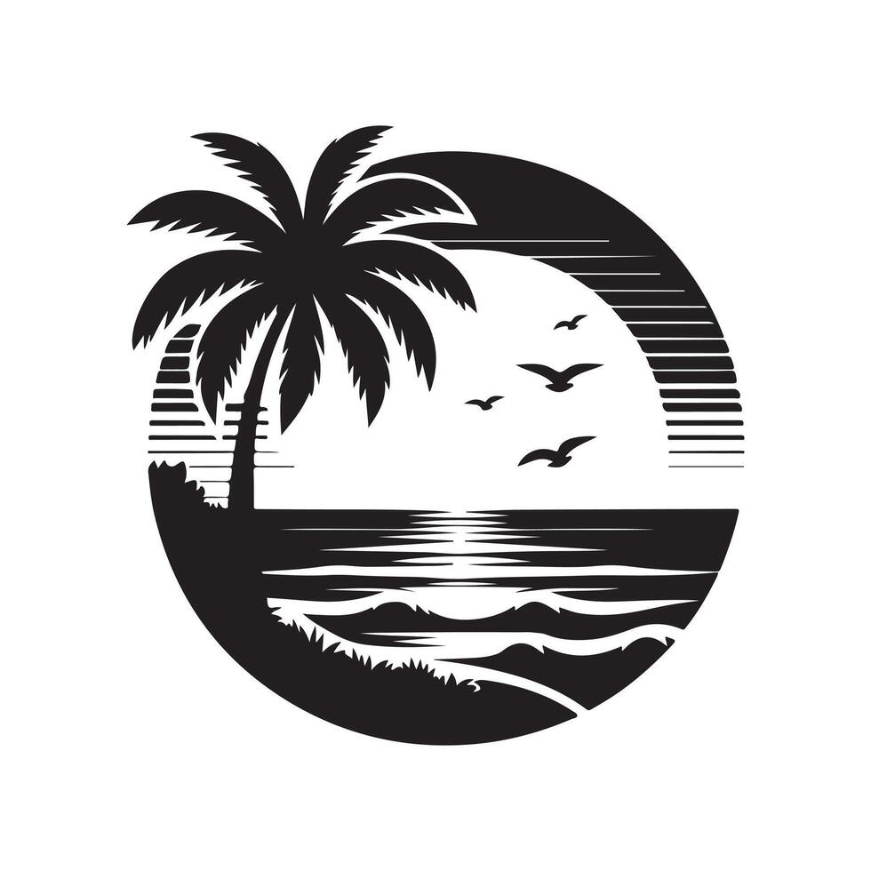 a black and white logo of a palm tree and the ocean vector