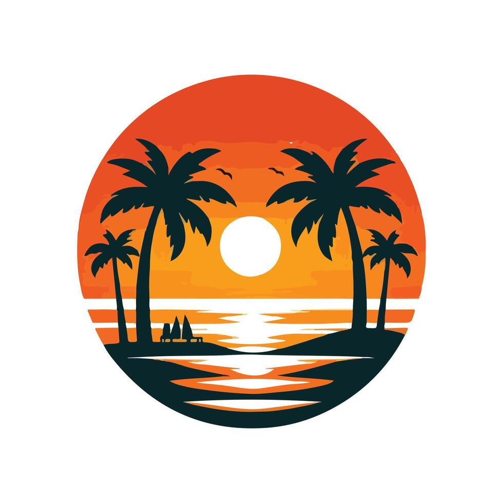 tropical sunset with palm trees and the ocean vector