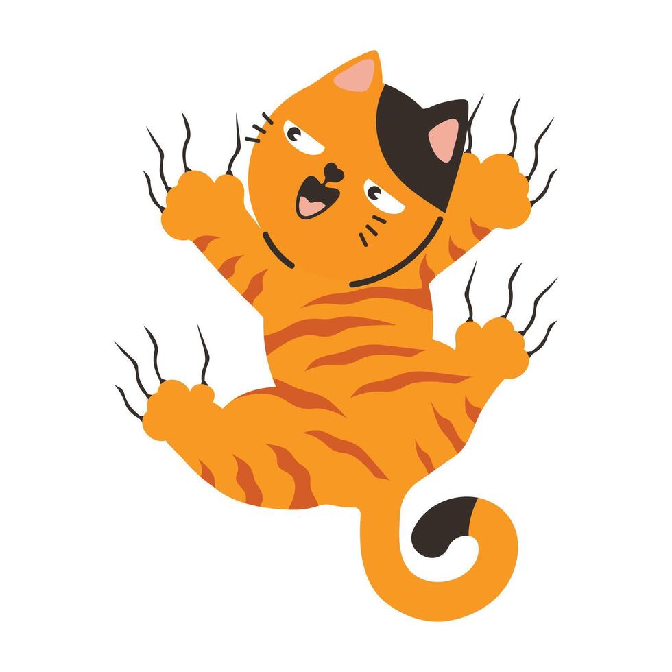 Funny orange cat hanging on the wall vector