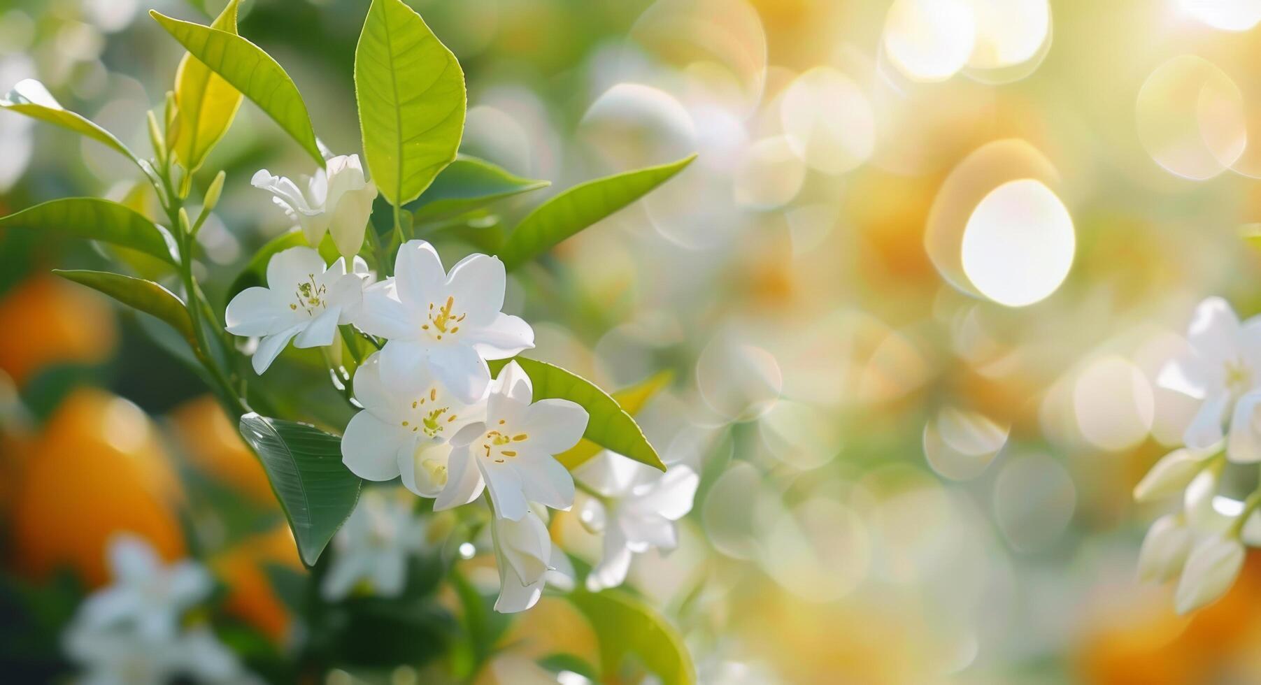 Delicate White Blossoms Against a Soft Green Background in Natural Light photo