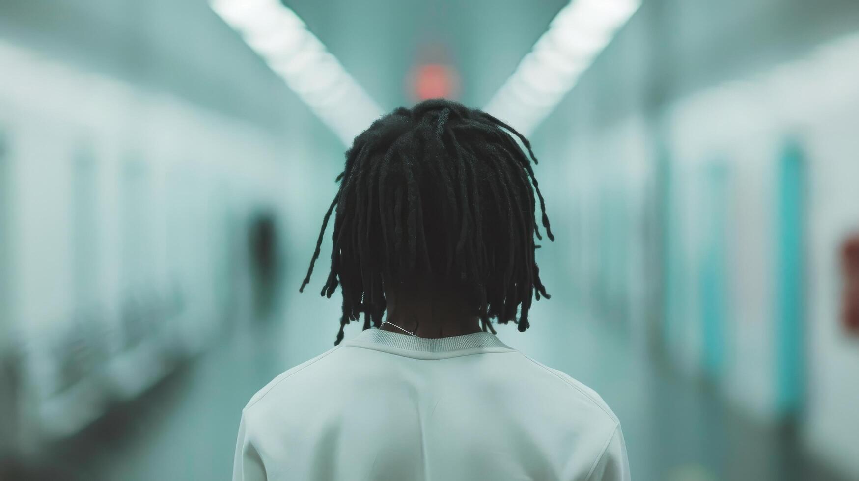 Thoughtful Young Man With Dreadlocks in a Dimly Lit Urban Corridor photo