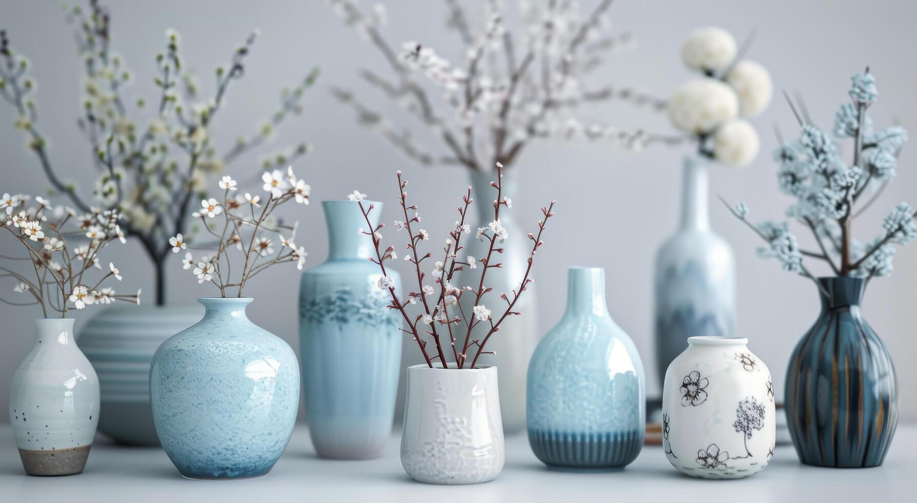 Elegant Arrangement of Vases With Flowers on a Table Against a Soft Blue Background photo