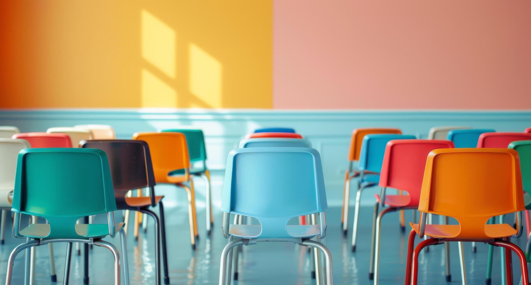 Colorful Chairs Arranged in Empty Classroom With Vibrant Walls in Morning Light photo