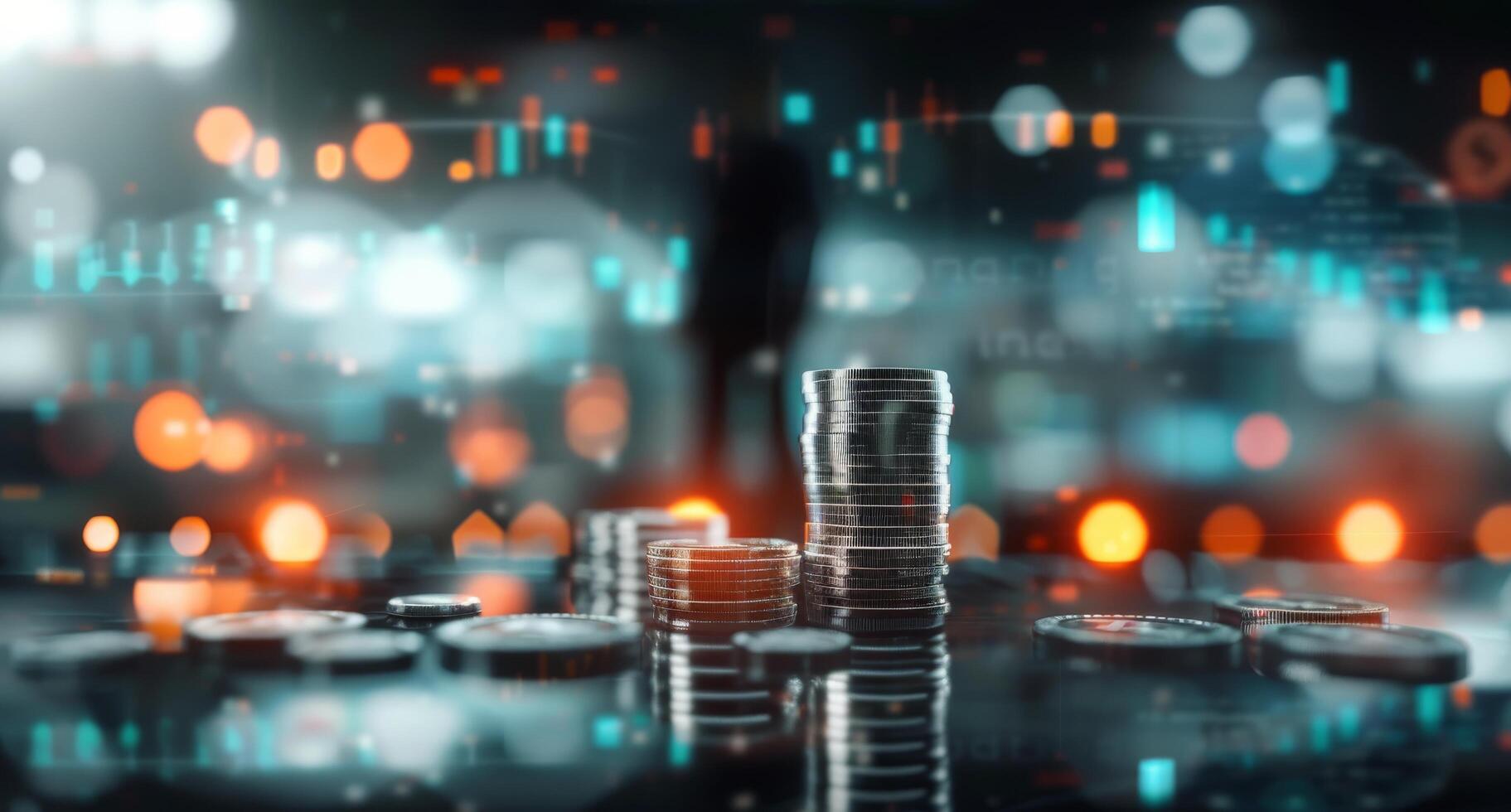 Stacked Coins on Table With Blurred Financial Activity in Background photo