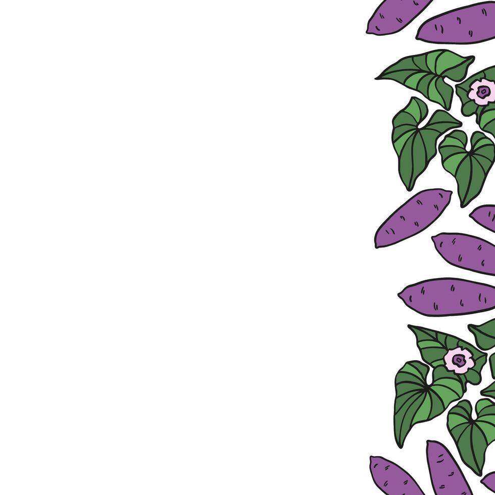 Background with Sweet potatoes plant. Hand drawn template illustration with tuber potato, yam, leaf, flower for text. The image created without the use of any artificial intelligence software vector