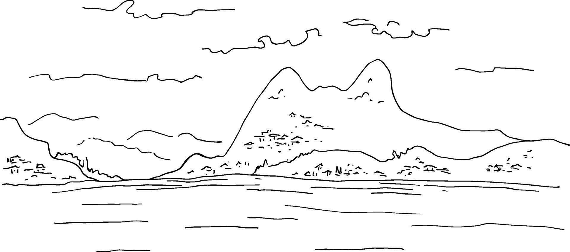 Mountain landscape with lake, sea. Hand drawn illustration. Panoramic calm sea view sketch, marine motive. The images are created without the use of any artificial intelligence software vector