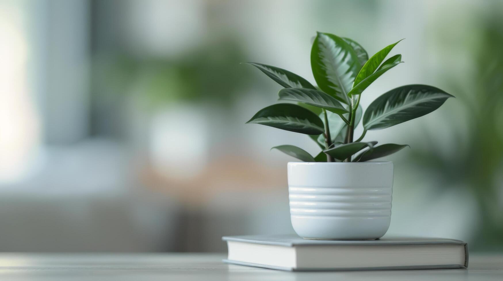 Succulent Plant in Concrete Pot on Stacked Books in Cozy Cafe Setting photo