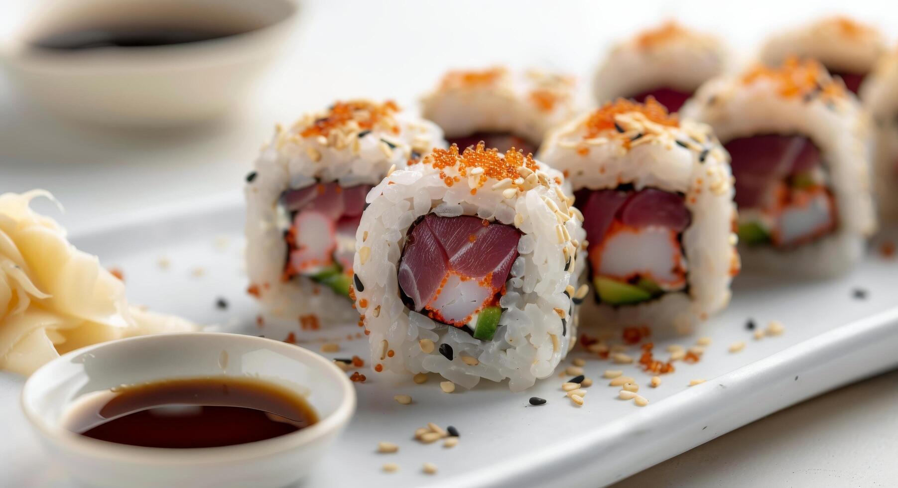 Fresh Sushi Rolls With Salmon and Vegetables Served With Ginger and Soy Sauce photo