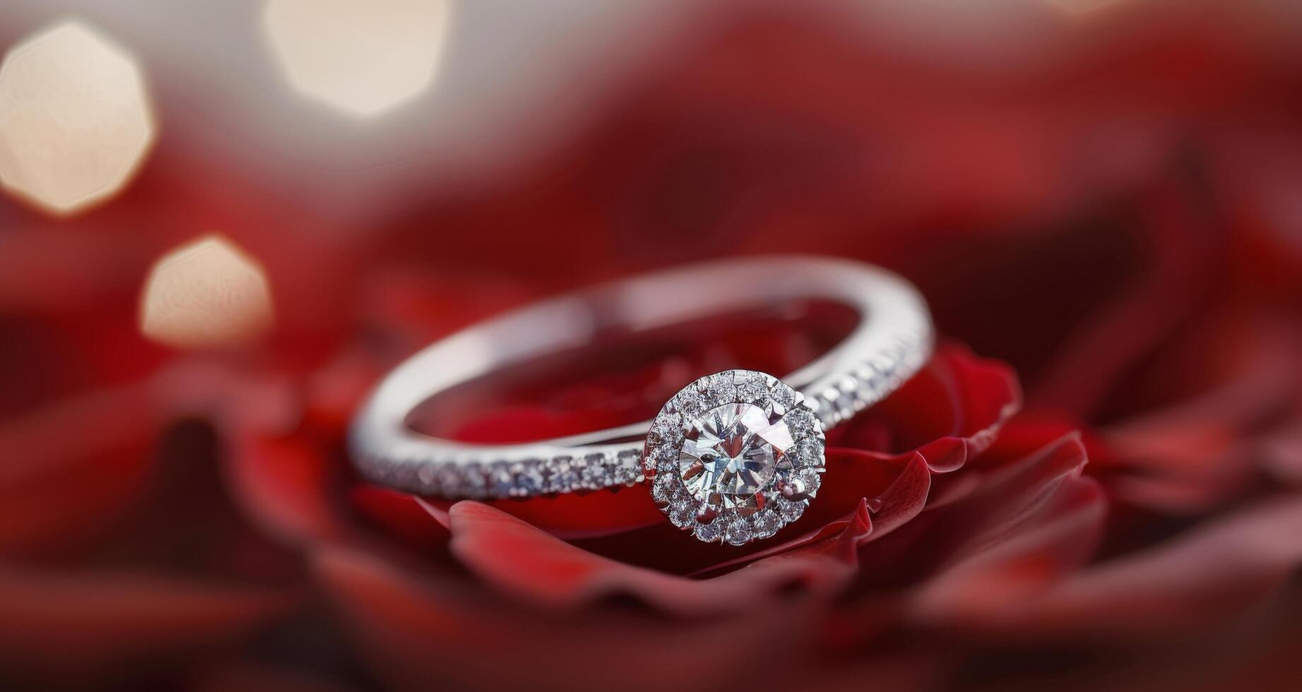 Elegant Diamond Ring Resting on Red Rose Petals With Soft Background Lights photo