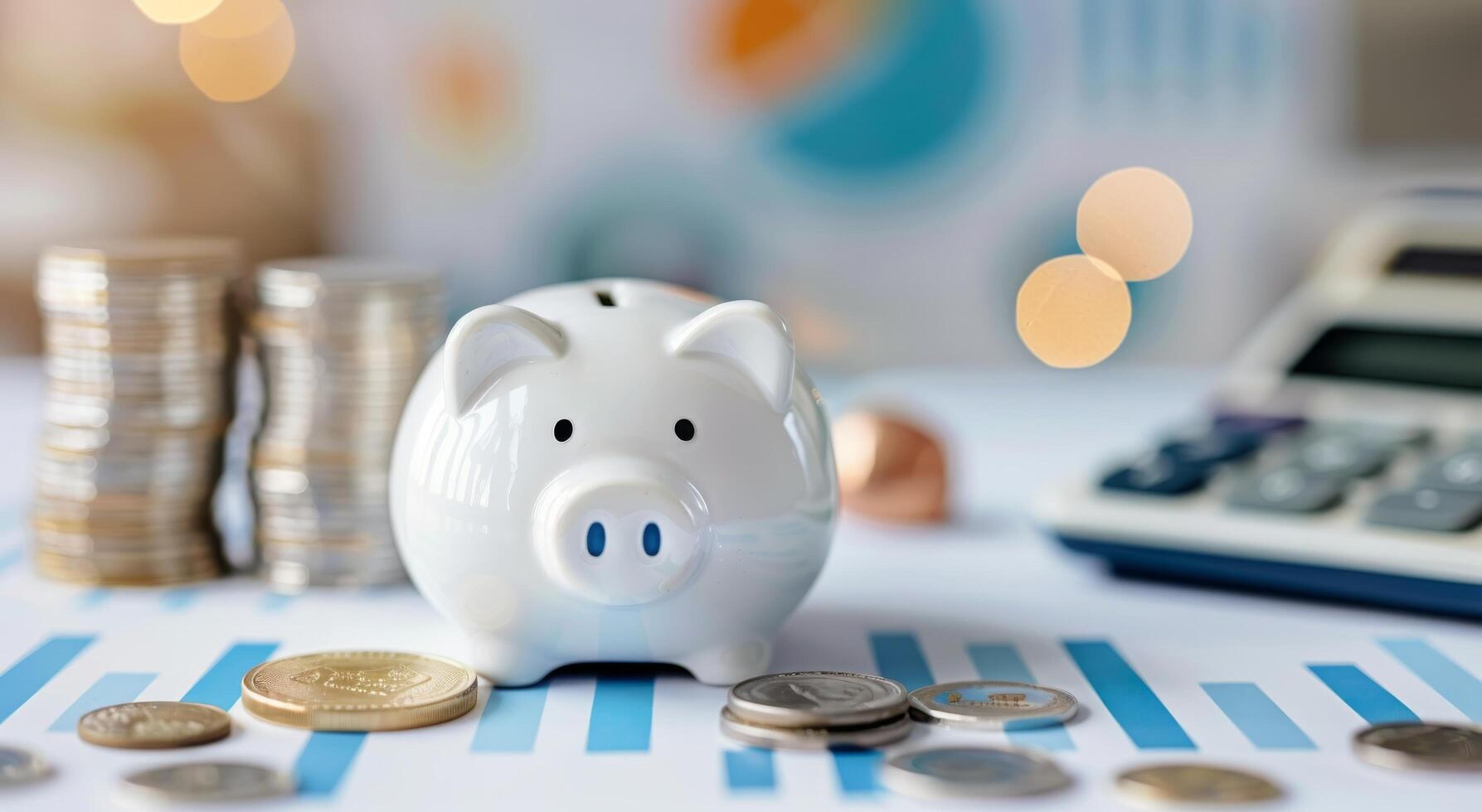 Piggy Bank on Financial Reports With Calculator and Coins in Office Setting photo