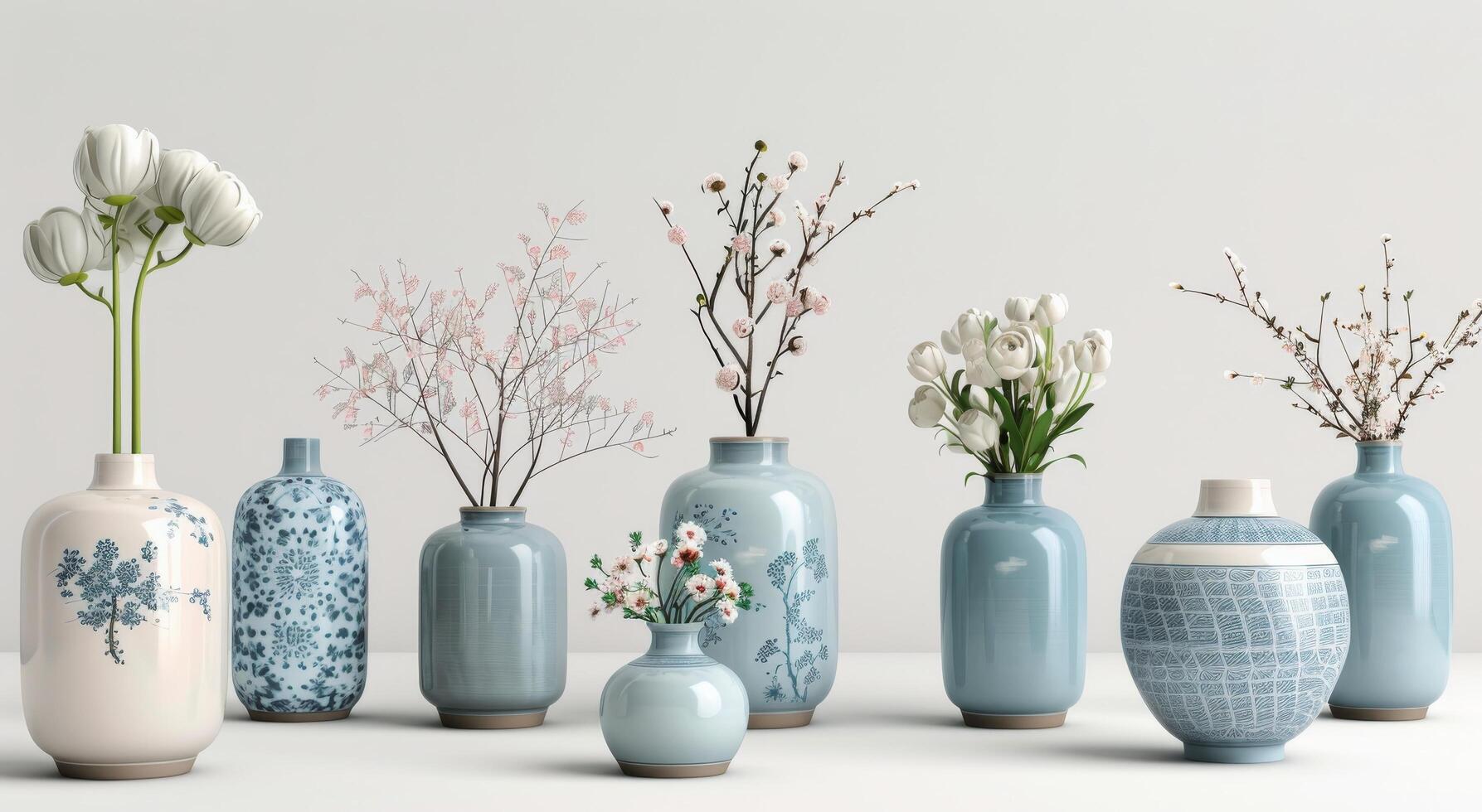 Elegant Arrangement of Vases With Flowers on a Table Against a Soft Blue Background photo