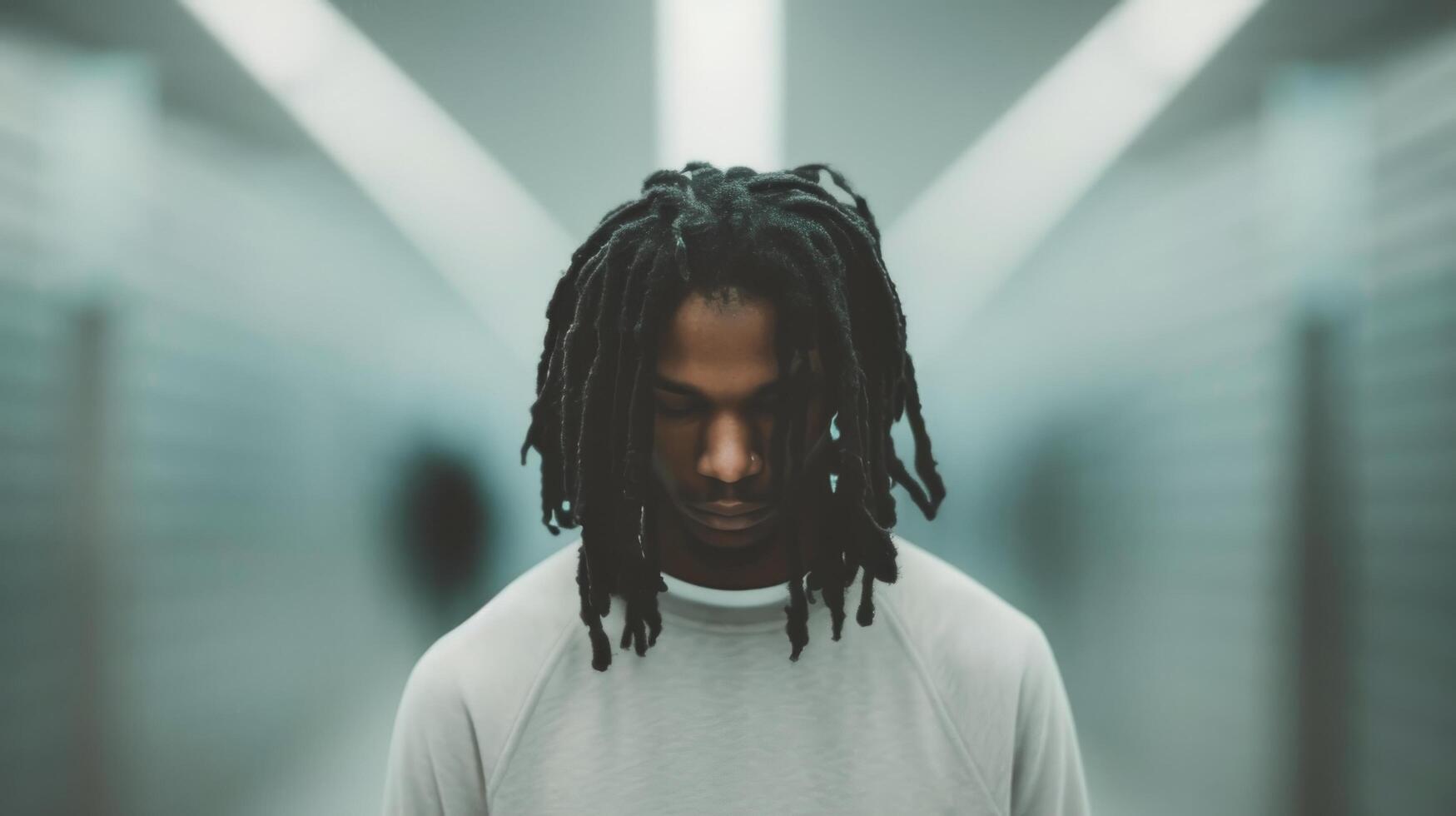 Thoughtful Young Man With Dreadlocks in a Dimly Lit Urban Corridor photo