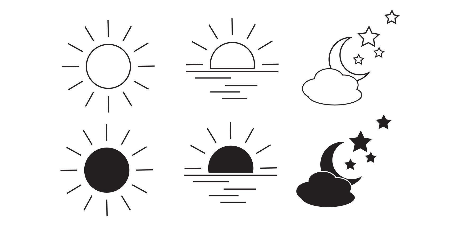 Time of the day signs. Rising and setting sun, crescent moon and stars, day and night time symbols. illustration vector