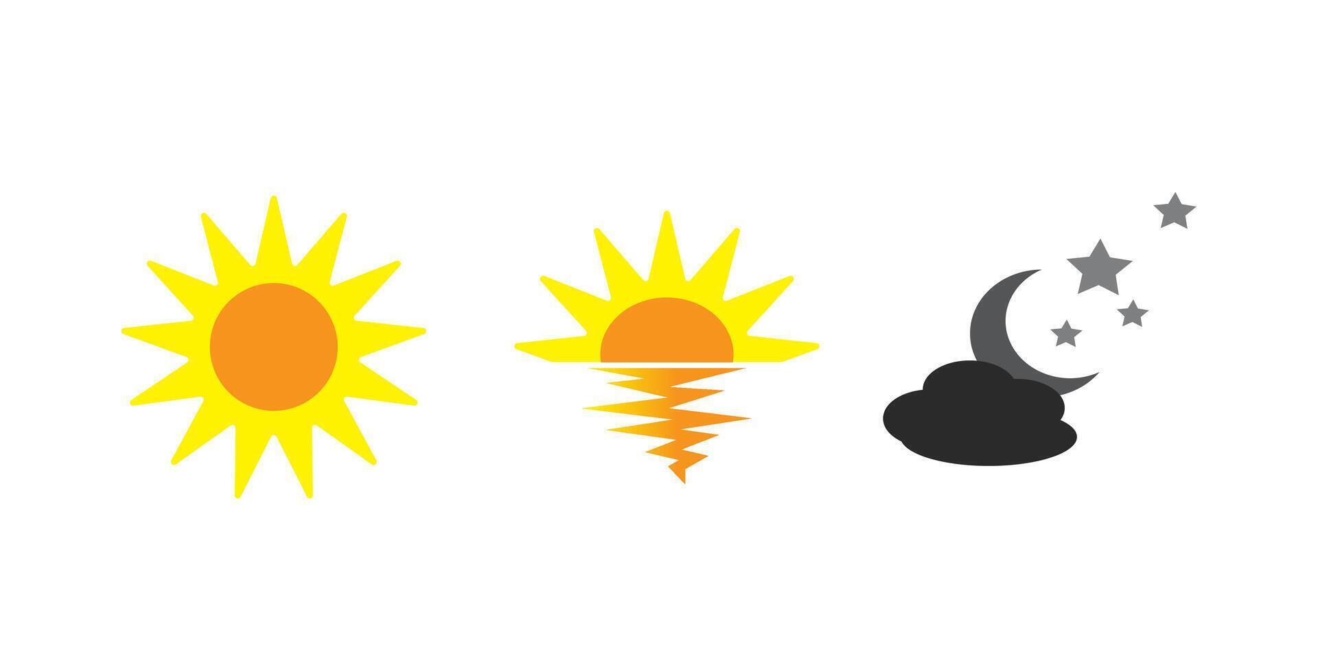 Time of the day signs. Rising and setting sun, crescent moon and stars, day and night time symbols. illustration vector