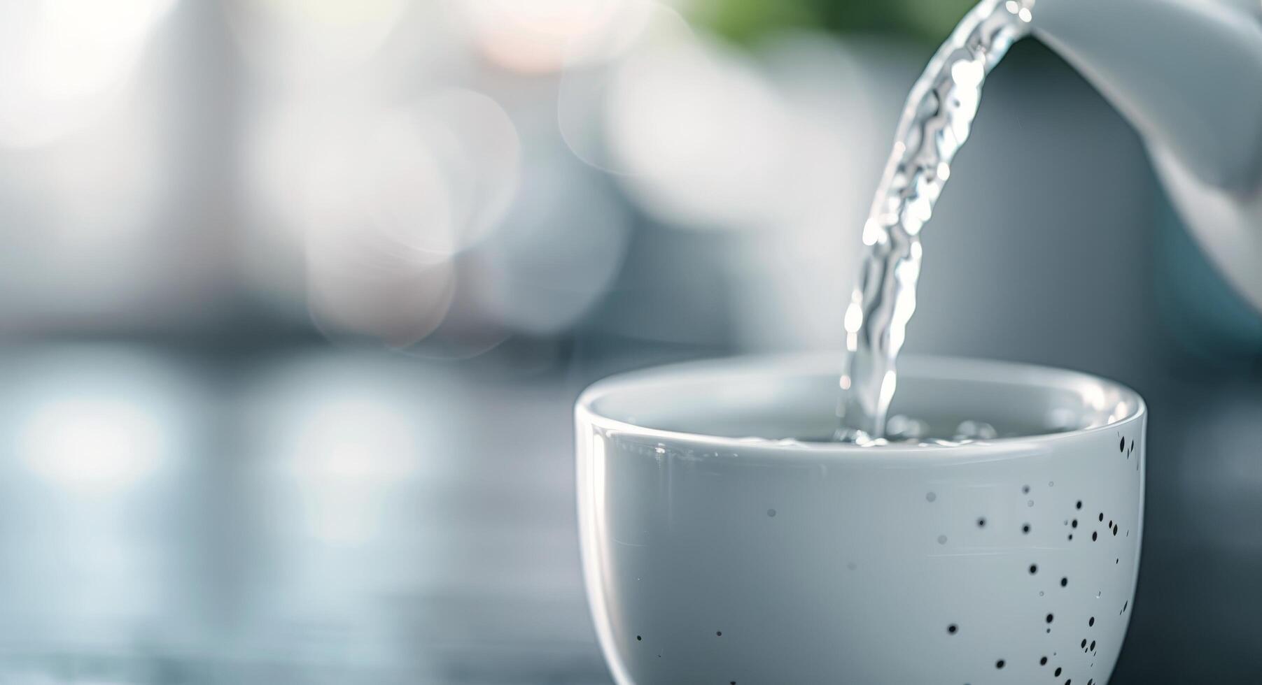 Pouring Water From a Jug Into a White Bowl With Sparkling Background photo