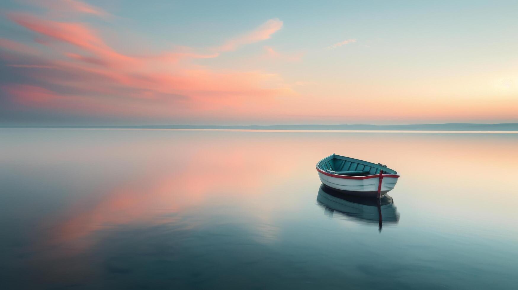 Solitary Boat Floating on Calm Water at Sunrise in Tranquil Landscape photo
