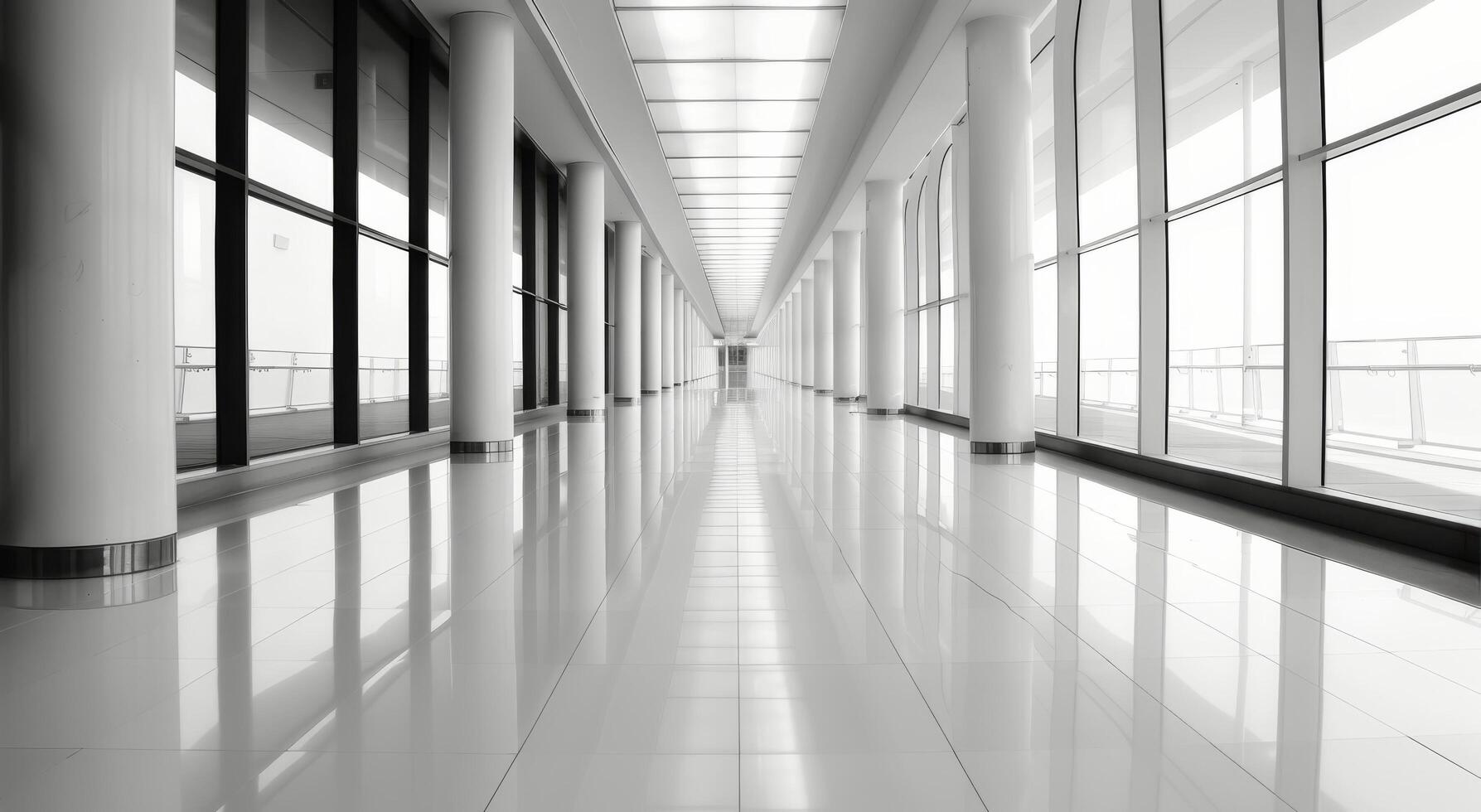 Modern Corridor With Polished Floors and Tall Windows in a High-Rise Building photo