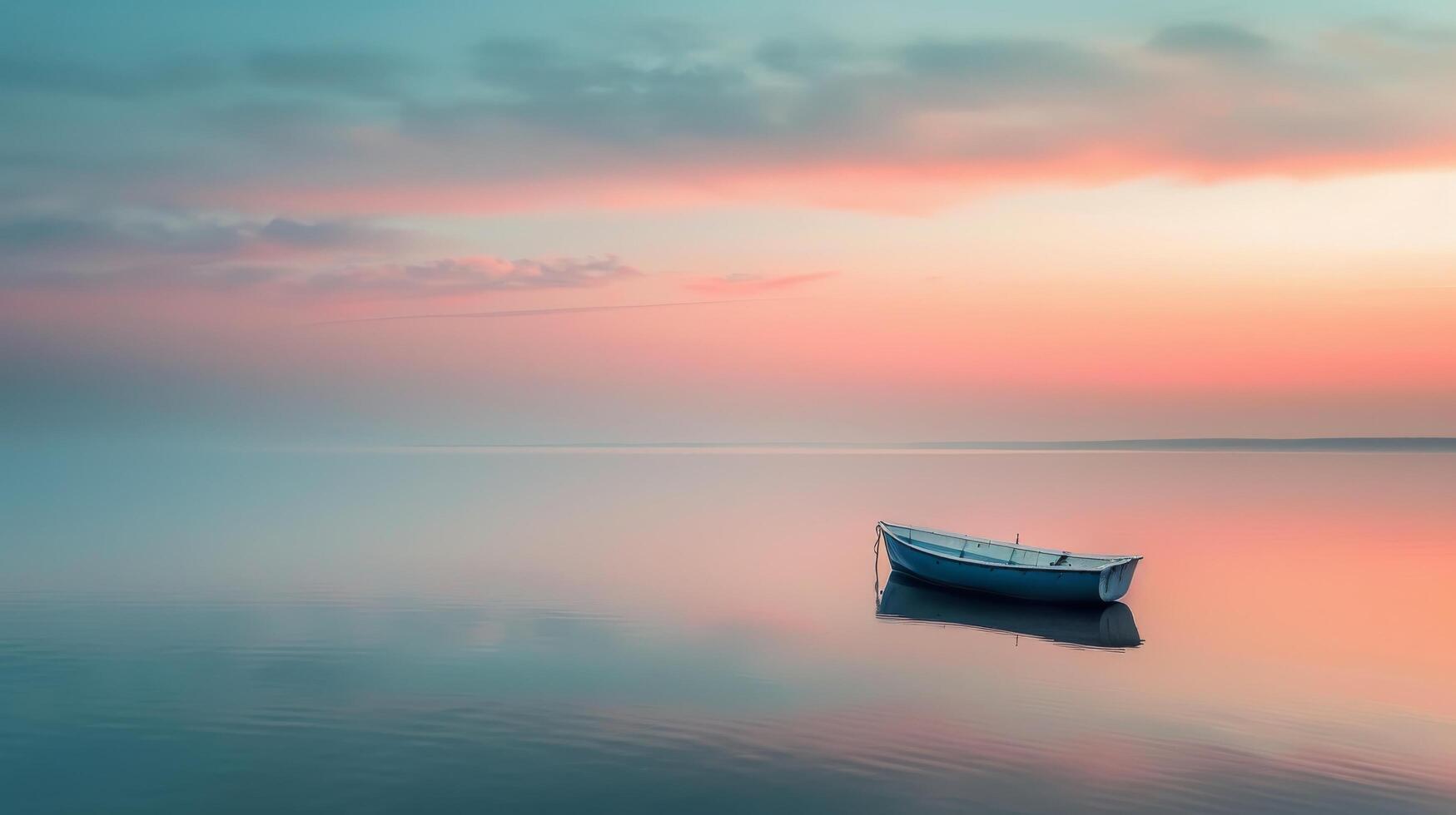 Solitary Boat Floating on Calm Water at Sunrise in Tranquil Landscape photo