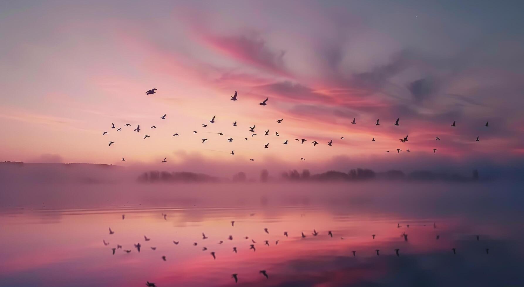Glowing Sunrise Over Tranquil Lake With Birds in Flight photo