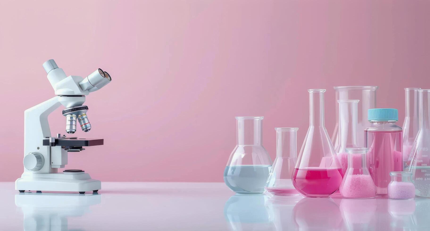 Laboratory Microscopy Setup With Glassware and Pink Background in Modern Science Space photo