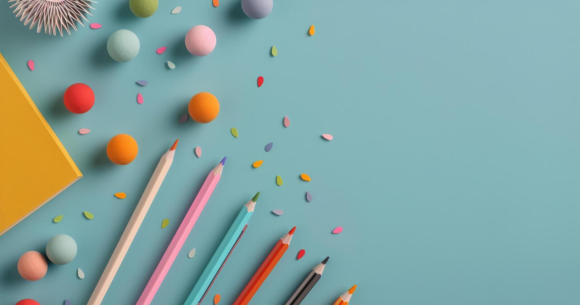 Colorful Stationery and Craft Supplies on Light Blue Background photo