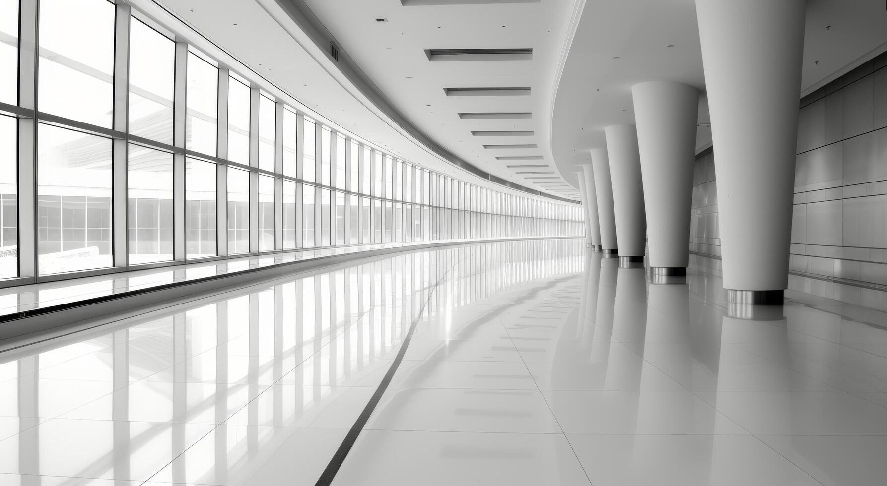 Modern Corridor With Polished Floors and Tall Windows in a High-Rise Building photo