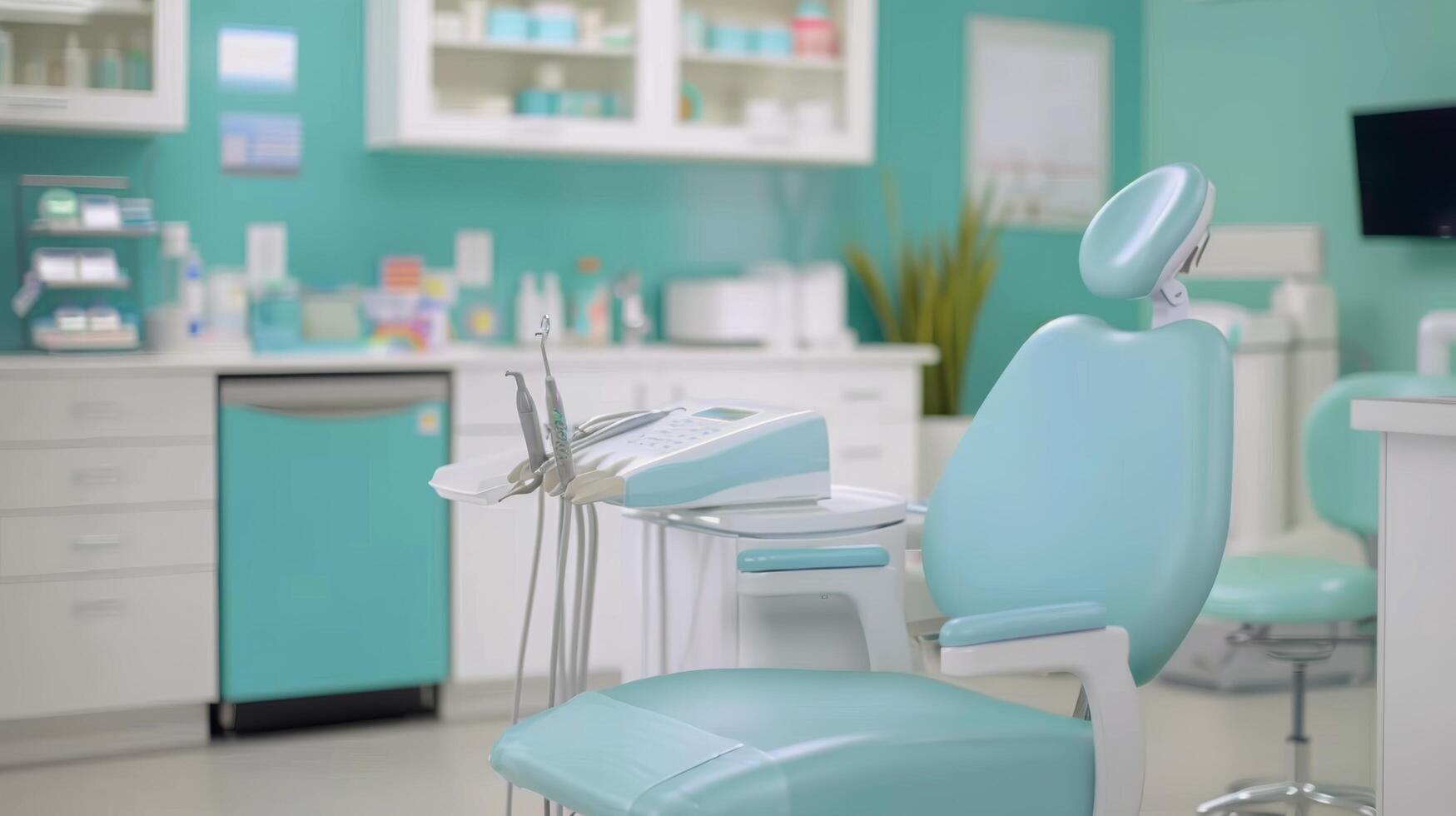 Modern Office Chair Against Aqua Blue Wall in Contemporary Workspace photo