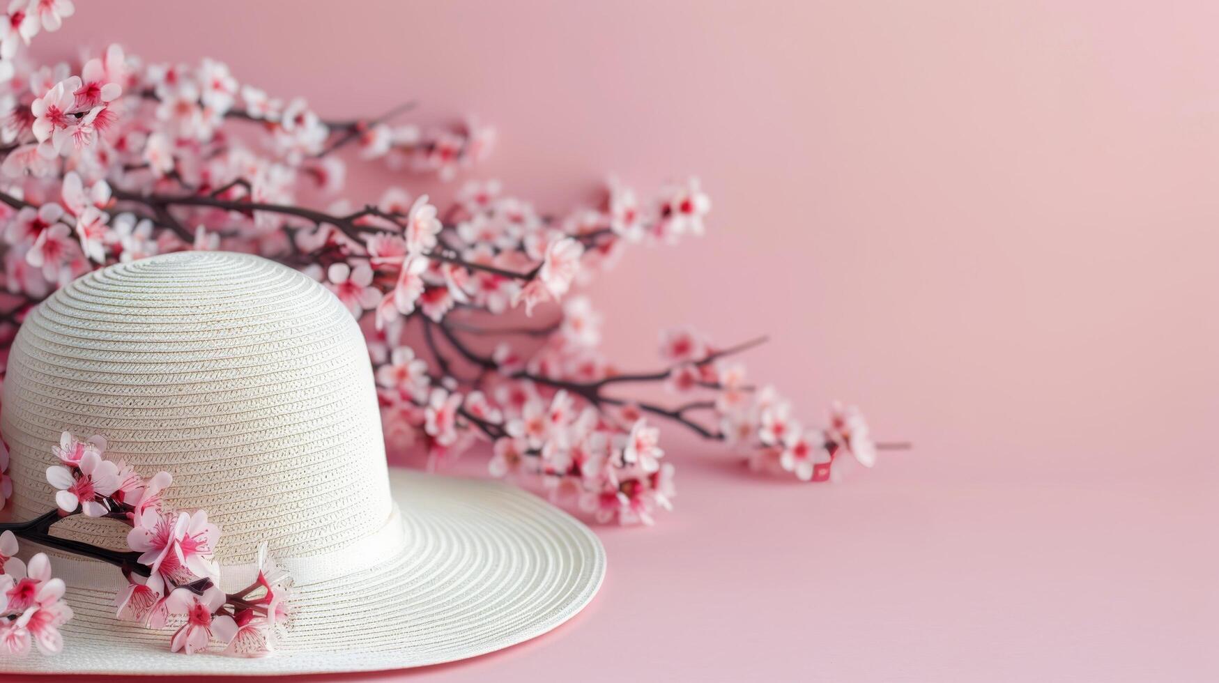 Elegant Sun Hat With Cherry Blossom Branches on Soft Pink Background photo