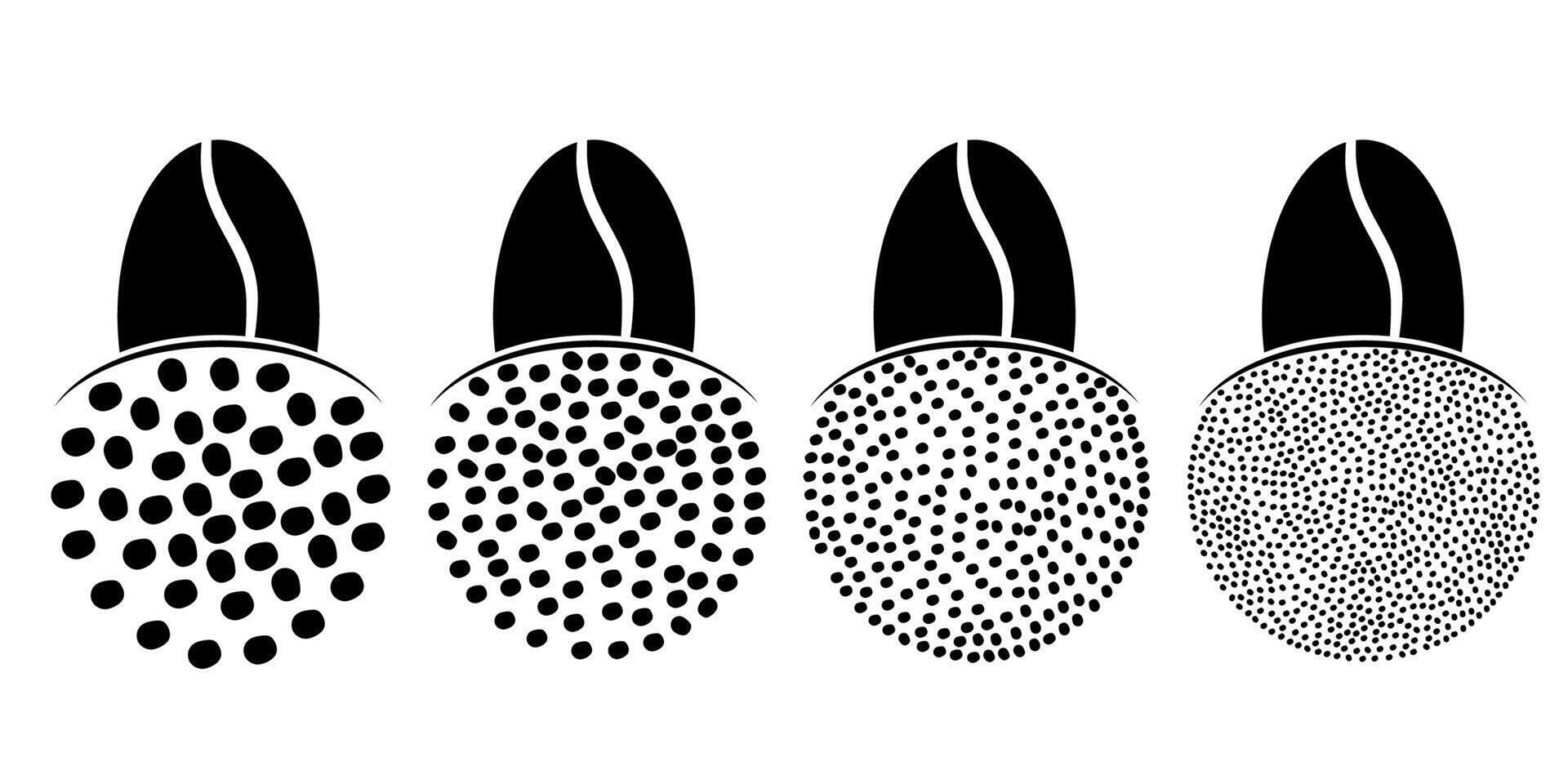 Cartoon roasted coffee beans pictogram. Coffee bean grind, size chart grains. For mug or cup. For coffee percolator. Coarse, medium or fine progress bar, loading. Manual coffee grinder. vector
