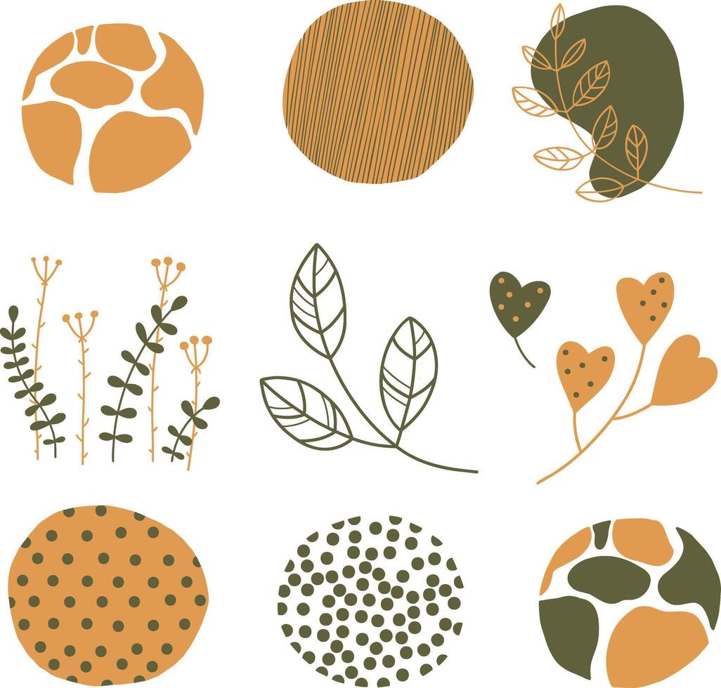 Set of round abstract colorful backgrounds or patterns. Autumn colors. Hand drawings. Spots, drops, bends, lines. Modern fashion illustration. Posters, social media icon templates vector