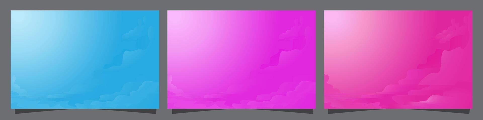 Colorful sky editable background set, snow mountain and iced river and colorful sky view. Summer sky cloud gradient light white background. Dusk sky vector